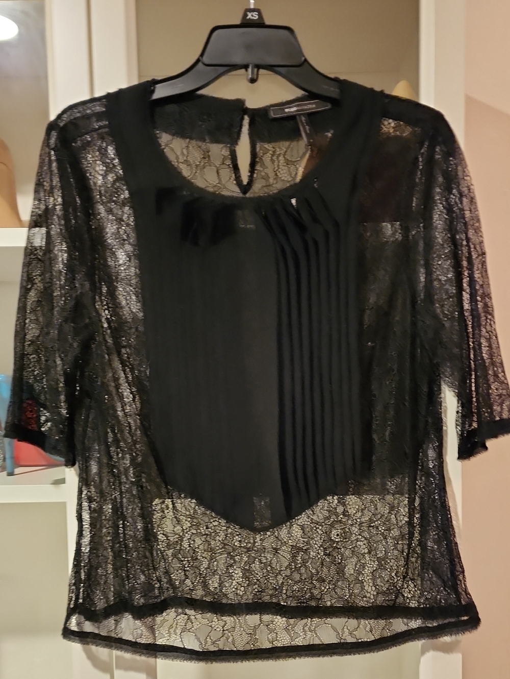 BCBG Black Lace Pleated Front Women’s Top